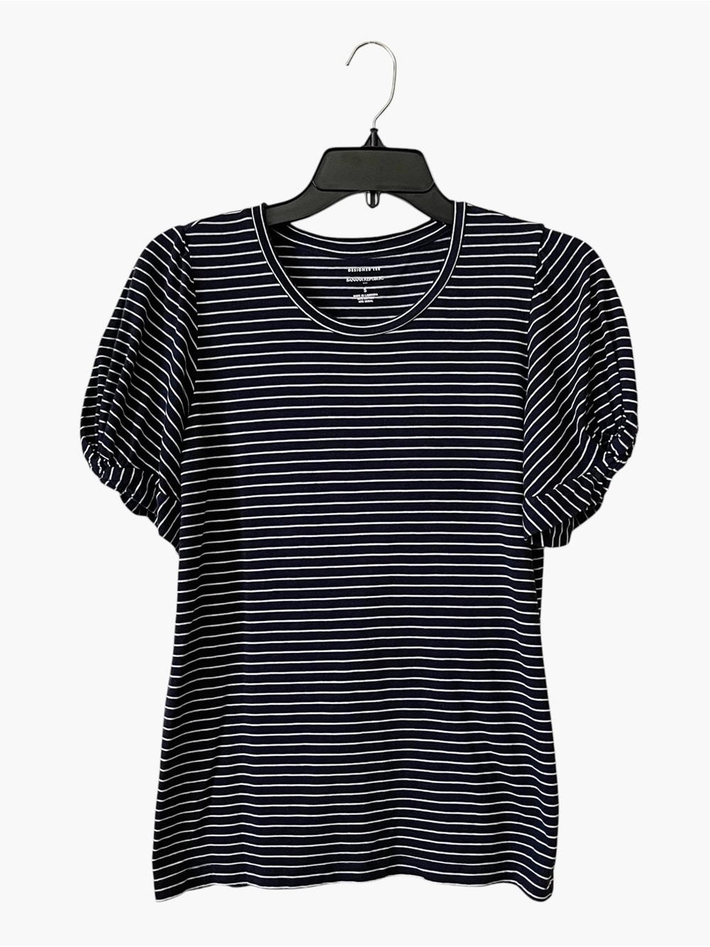 Banana Republic Designer Tee Womens Size S Black Stripe Puff Sleeve Cotton Modal